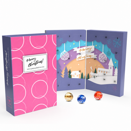 Individuell bedruckter Adventskalender in Buchform mit LINDOR-Kugeln, geschlossen und aufgeklappt