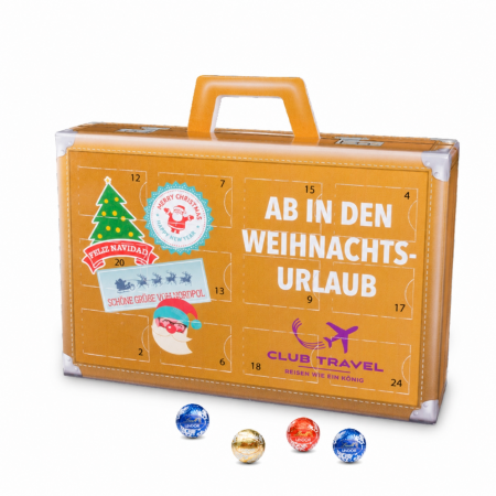 Adventskalender in Kofferform mit individuellem Firmenaufdruck und LINDOR-Kugeln