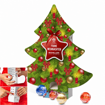 Adventskalender in Weihnachtsbaumform mit Firmenlogo, LINDOR-Kugeln und Anwendungsansichten