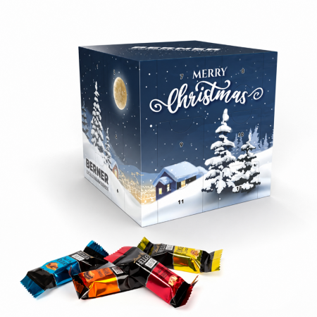 Adventskalender-Würfel mit blauem Berner-Wintermotiv und Lindt-HELLO-Schokoladen