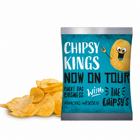 Gesalzene Kartoffelchips im individuell bedruckten türkisfarbenen Werbebeutel