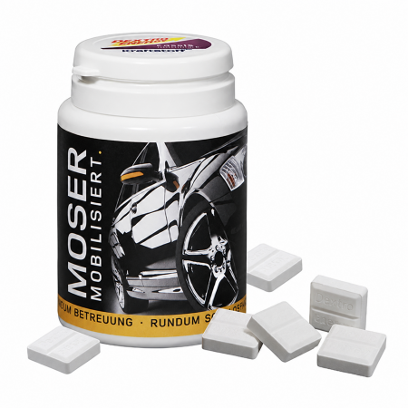 Dextro Energy Dose mit individuellem Werbeetikett und weissen Traubenzuckertabletten