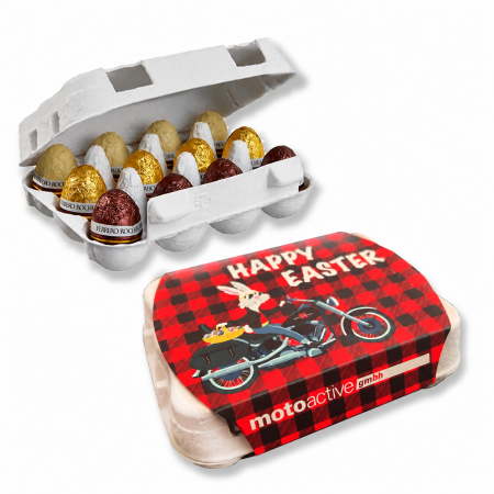 Eierbox mit zwölf Ferrero-Schokoladeneiern und individuell bedruckter Osterbanderole