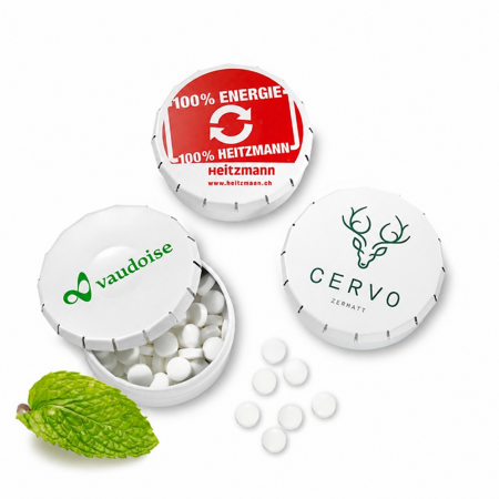 Runde Klick-Klack-Dosen 45 mm mit Firmenlogo und zuckerfreier Pfefferminze