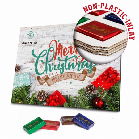 Lindt-Adventskalender mit Weihnachtsmotiv, Napolitains und Detailansicht des Kartoneinsatzes