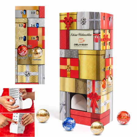 Lindt-Adventsspender mit Geschenkpapiermotiv, individuellem Kundendruck, LINDOR-Kugeln und Bedienungsdetails