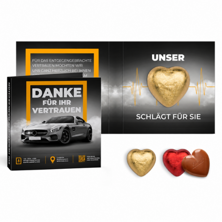 Lindt-Schokoherzchen in individueller schwarzer Dankeskarte mit Automotiv und goldener Herzfolie