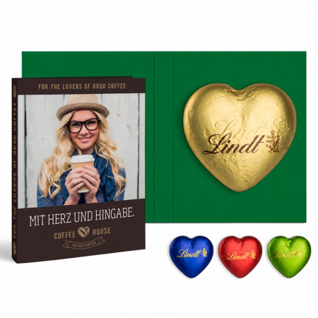 Lindt-Schokoladenherz in individueller Werbekarte mit Coffee-House-Motiv und vier Folienfarben