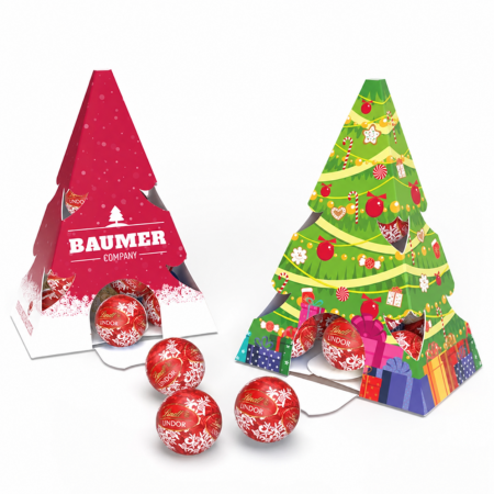 Individuell bedruckte Tannenbaum-Kartonagen mit roten LINDOR-Mini-Kugeln