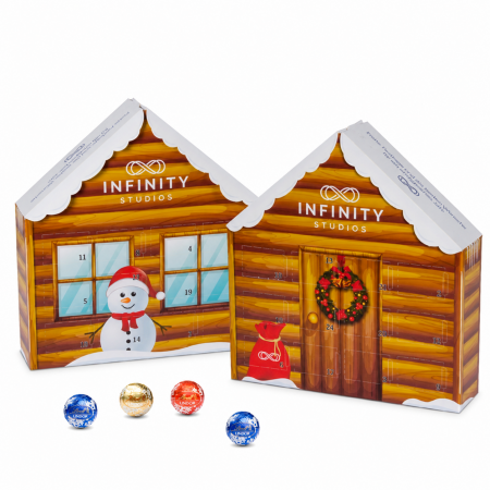 Weihnachtskalender in Hausform mit individuellem Firmenlogo und LINDOR-Kugeln, zwei Ansichten