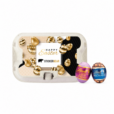 Lindt Mini-Ostereier mit individuell bedruckter Eierkarton-Verpackung und goldfarbenem Ostermotiv