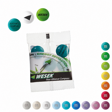 Personalisierte M&M’s im Mini-Werbebeutel mit WESEK-Kundendruck, Druckbeispielen und Farbauswahl