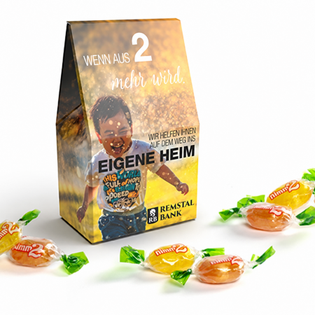 Individuell bedruckte Geschenk-Kartonage mit einzeln verpackten nimm2-Bonbons