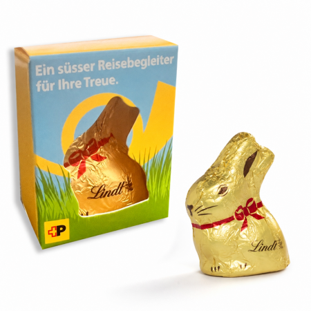 Lindt Osterhase in individuell bedrucktem Fensterkarton als Werbegeschenk