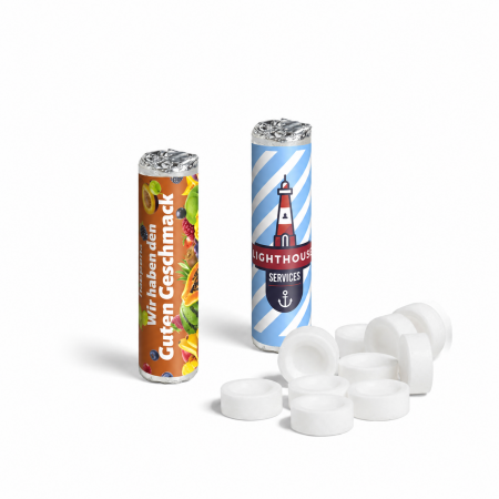 Individuell bedruckte 9er-Pfefferminzrollen mit weissen runden Pastillen