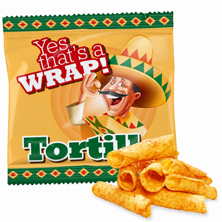 Tortilla-Snack im bedruckten Beutel mit knusprigen Tortilla-Röllchen