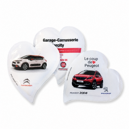 Herzförmige Zuckerbeutel mit individuell bedruckten Citroën-, Peugeot- und Garagenmotiven