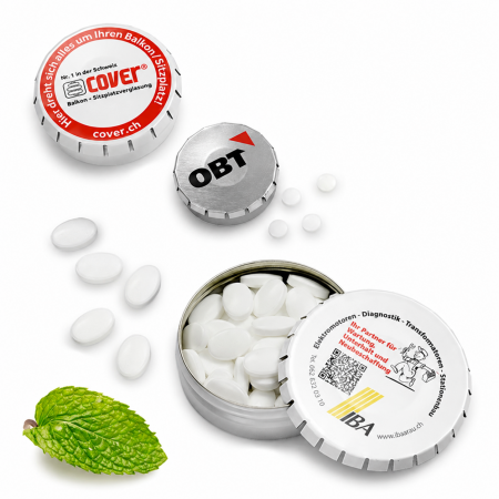 Runde Pfefferminzdosen mit Firmenlogo und zuckerfreien Pfefferminztabletten