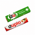 duplo-Schokoladenriegel mit individuell bedrucktem grünem Werbeschuber und Sichtfenster