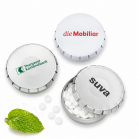 Klick-Klack-Dosen 53 mm mit bedrucktem Deckel und zuckerfreien Pfefferminztabletten