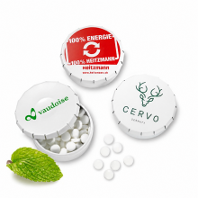 Klick-Klack Dose 45 mm mit Logo und zuckerfreier Pfefferminze