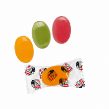 Fruchtbonbons in Orange, Grün und Rot mit individuell bedruckter transparenter Flowpack-Folie