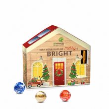 Hausförmiger Adventskalender mit individuellem Greenergy-Druck und LINDOR-Kugeln