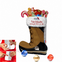 Individuell bedruckter Adventsspender in Stiefelform mit LINDOR-Kugeln und Anwendungsansichten