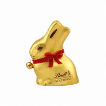 Lindt Goldhase in goldener Folie mit roter Schleife und Glöckchen als Firmengeschenk zu Ostern