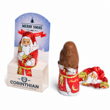 Lindt-Mini-Samichlaus in individuell bedruckter Werbekartonage, verpackt und teilweise ausgepackt