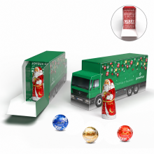 Grüner Lastwagen-Adventskalender mit individuellem Druck, LINDOR-Kugeln und Schokoladen-Samichlaus