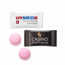 Mentos einzeln im Flowpack mit individuellen Kundenlogos von Wymed und Casino Pfäffikon