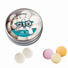 Mentos in runder Sichtfensterdose mit individuell bedrucktem Augenoptik-Motiv und losen Kaubonbons