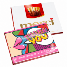 merci-Geschenkbox mit individuell bedruckter bunter Dankeschön-Banderole