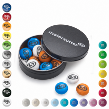 Personalisierte M&M’s in schwarzer Malersutter-Werbedose mit Dosen- und Schokolinsen-Farbauswahl