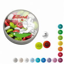 Personalisierte M&M’s in runder Werbedose mit Billard-Motiv, Druckbeispielen und Farbauswahl