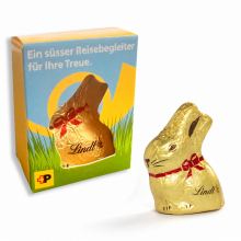 Lindt Osterhase in individuell bedrucktem Fensterkarton als Werbegeschenk