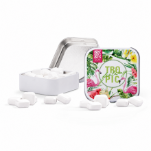 Quadratische Dose mit individuell bedrucktem Deckel und weissen Himbeer-Traubenzuckertabletten