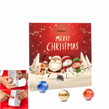 Individuell bedruckter Adventsspender mit Weihnachtsmotiv, LINDOR-Kugeln und Anwendungsansichten