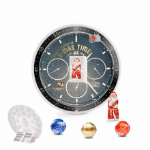 Runder Adventskalender im Uhrendesign mit Kundendruck, LINDOR-Kugeln und Schokoladen-Samichlaus