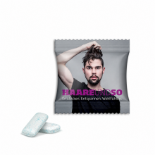Wrigley’s Strong Mints mit individuell bedrucktem grauem Werbebeutel im Haareundso-Motiv
