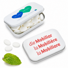 Grosse Scharnierdose mit Firmenlogo und 65 g zuckerfreier Pfefferminze