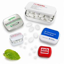 Kleine bedruckte Scharnierdosen mit zuckerfreien Pfefferminztabletten