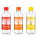 0,33-Liter-Mineralwasserflaschen mit Etiketten und Deckeln in Rot, Orange und Gelb